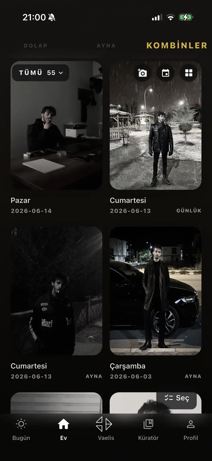 Kombinler ekranı — kombin fotoğrafı arşivi