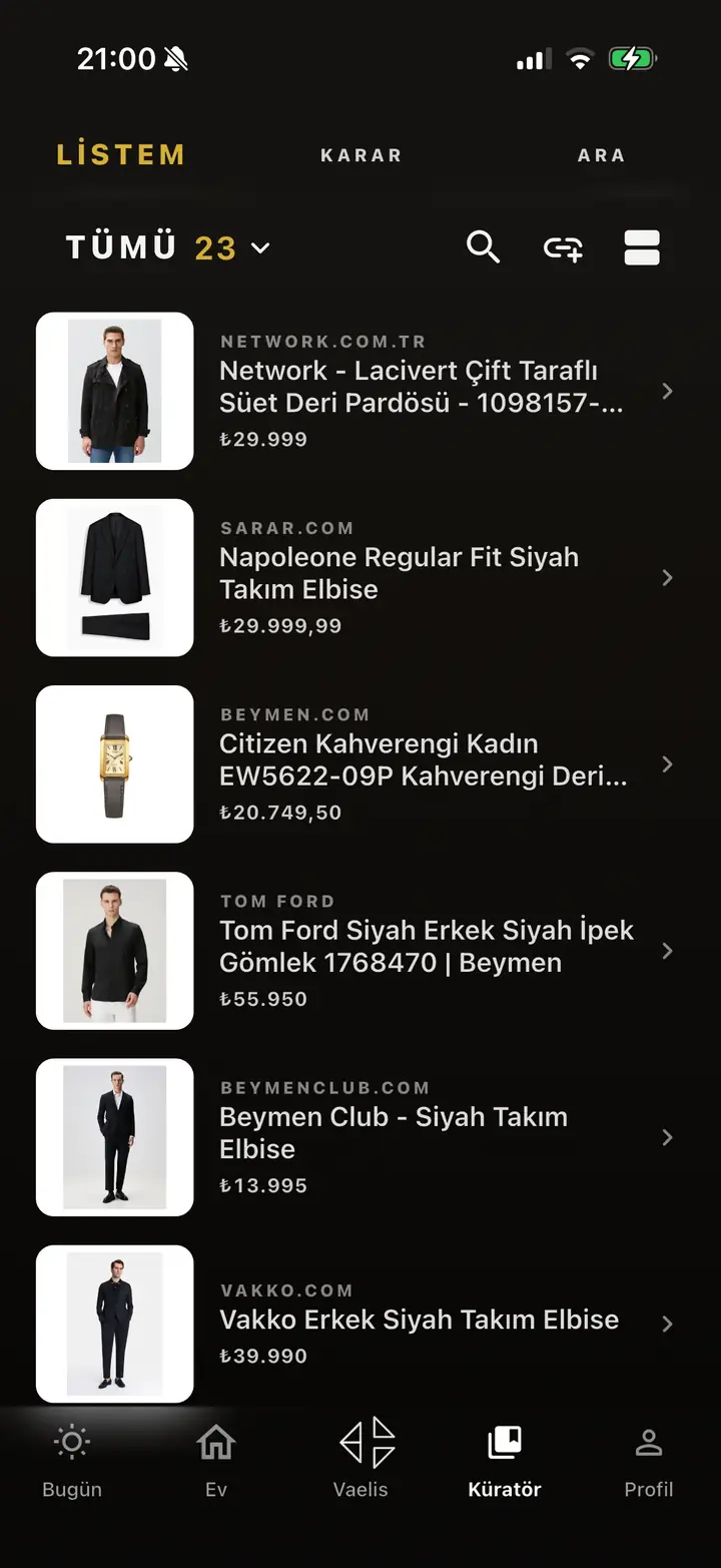 Listem ekranı — kaydedilen ürünler fiyatlarıyla