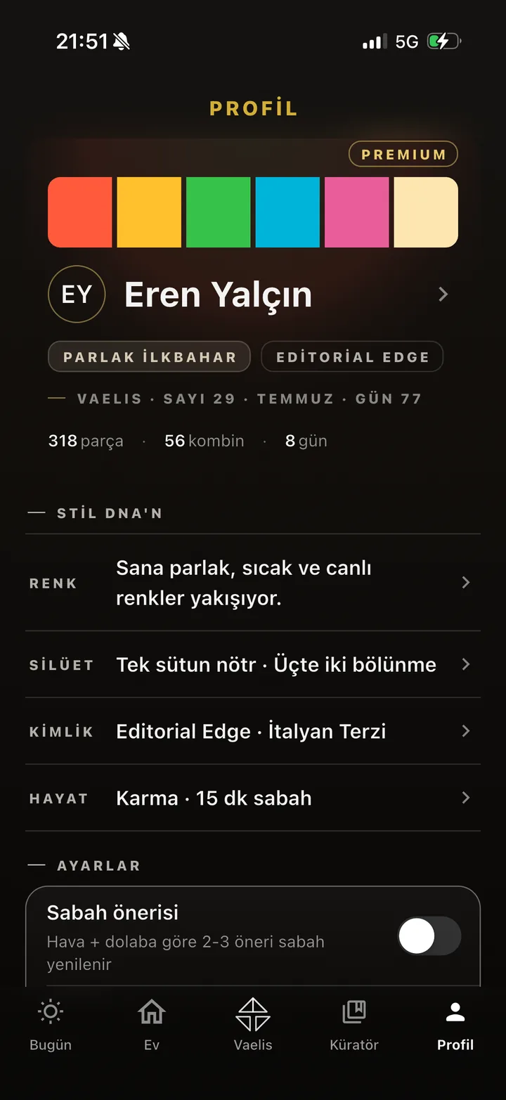 Profil ekranı — renk paleti ve Stil DNA'sı